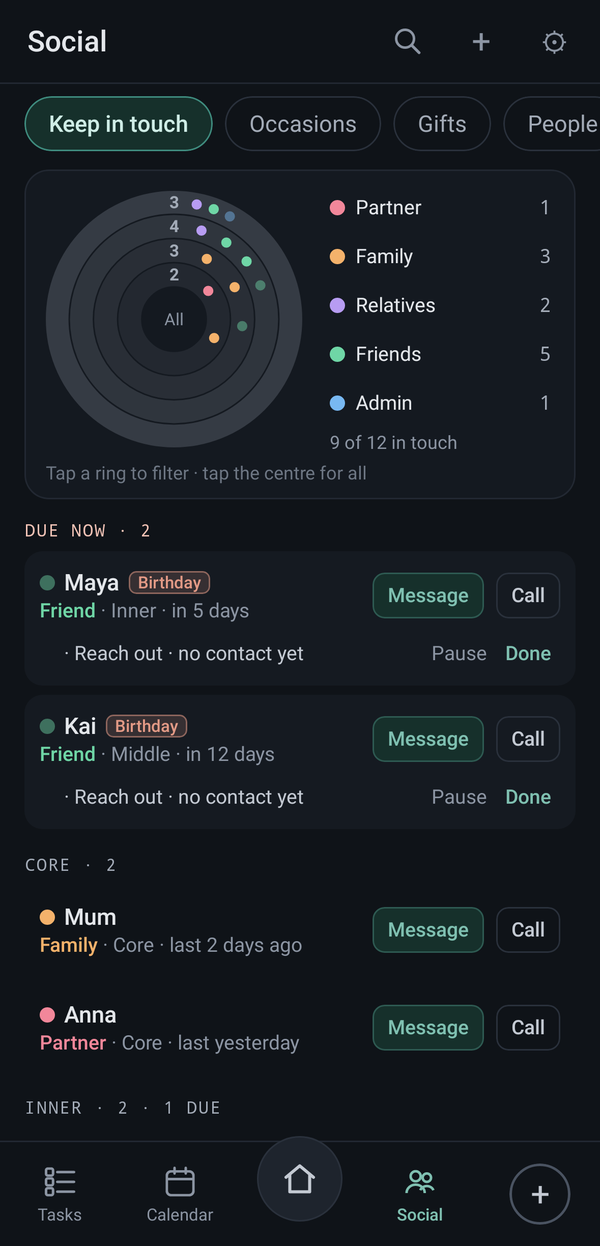 Evenso Keep in touch screen: circles of trust and who to reach out to